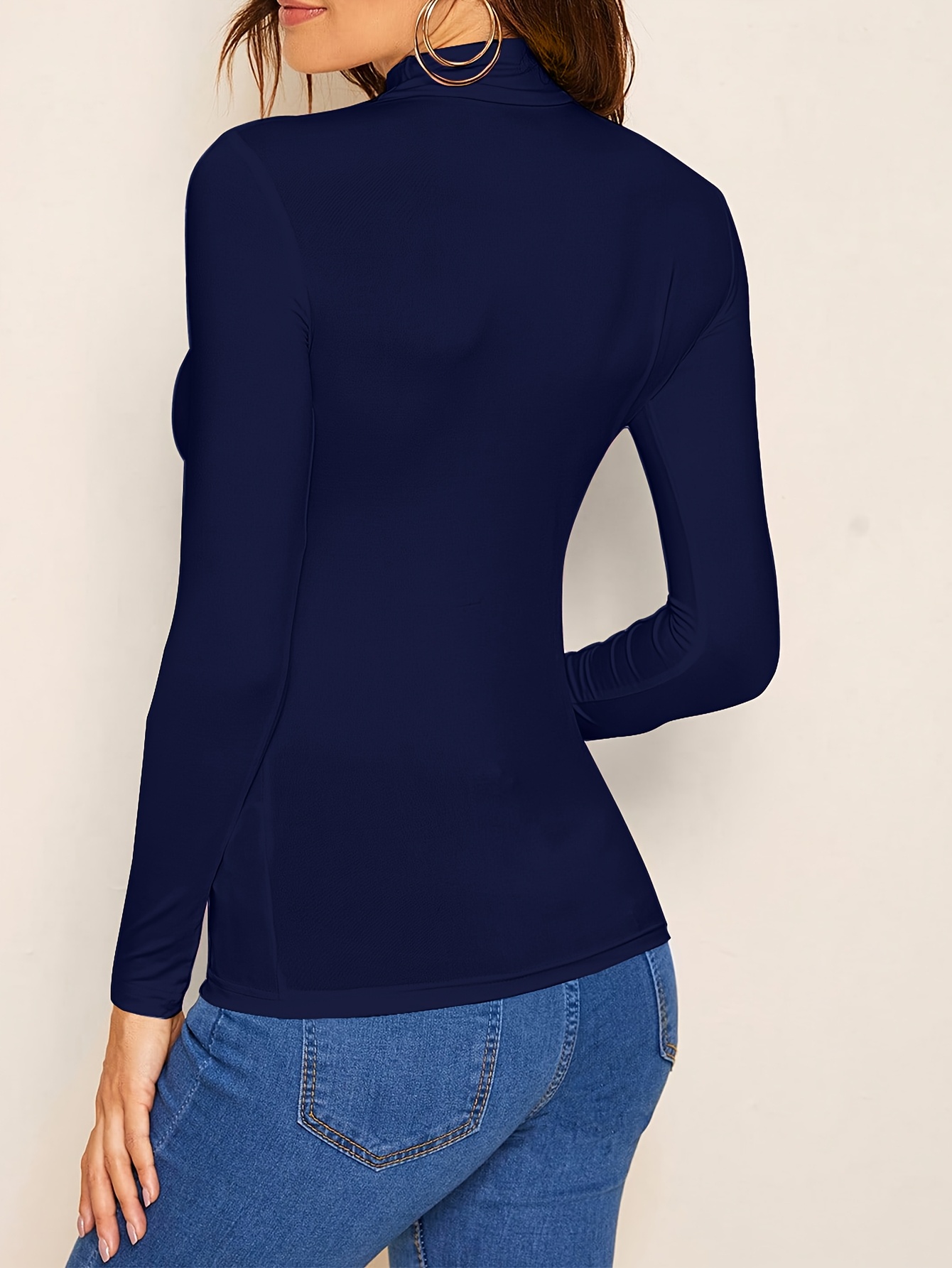 Solid Color Mock Neck T-Shirt, Versatile Long Sleeve T-Shirt For Spring & Fall, Women's Clothing