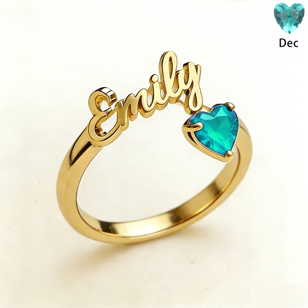 TEMU Custom Birthstone Golden Name Ring, Personalized Heart Birthstone Ring, Stainless Steel Elegant Nameplate , Best Birthday Gift, Birthstone