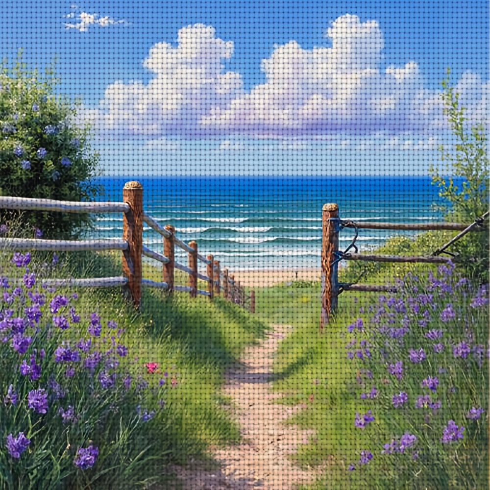 TEMU 1 Set Of 11ct Frameless Cross Stitch Kit - Dirt Path To Beach, Flowers, Fences, Ocean, Handmade Artwork, Suitable For Adults And Beginners,