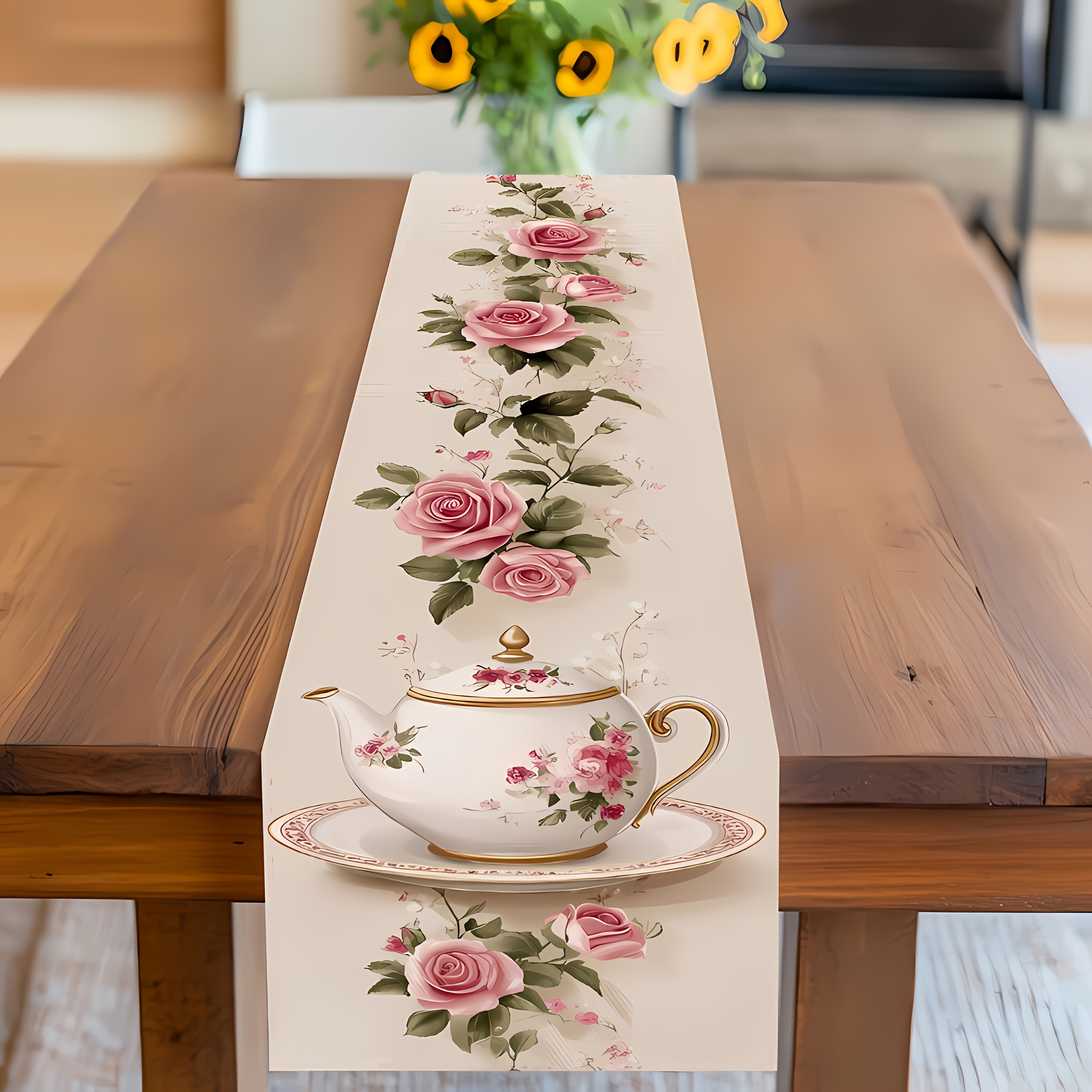 TEMU 1pc, Pink Rose Floral Style Table Flag, Suitable For , Garden Parties, Picnics, Gatherings, Very Suitable For Kitchen And Dining Table