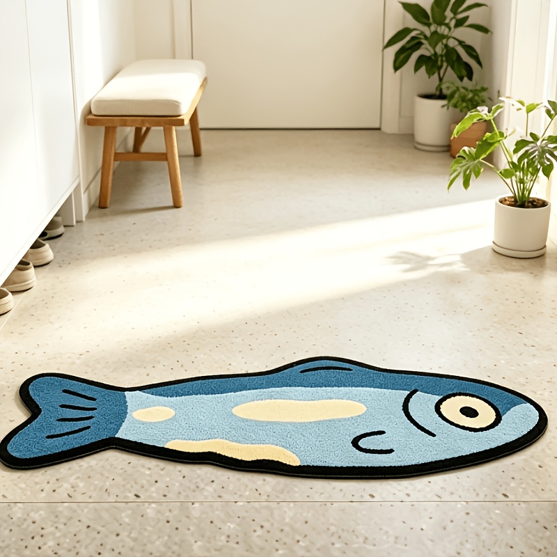 TEMU Minimalist Flat-printed Cartoon-style Small Fish Rug, Featuring An Overall Soothing And With Low- Blue Tones, Suitable For Bedroom And Home