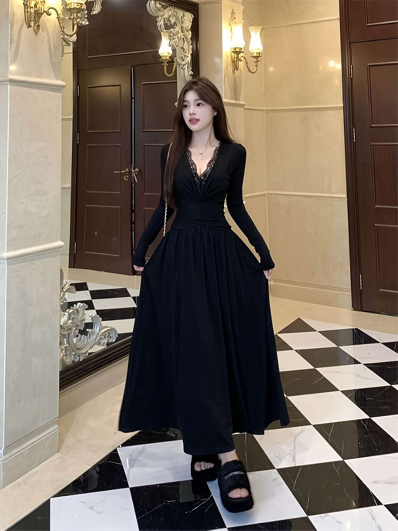 mature elegant style black v neck lace dress women pear