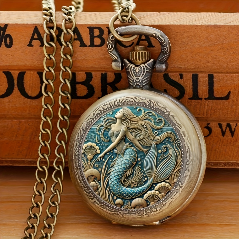 TEMU Pocket Watch With Necklace Pendant - Precise Quartz Movement, Function, Elegant Jewelry Gift For Men Women & Girls, Mermaid Decor, Classic