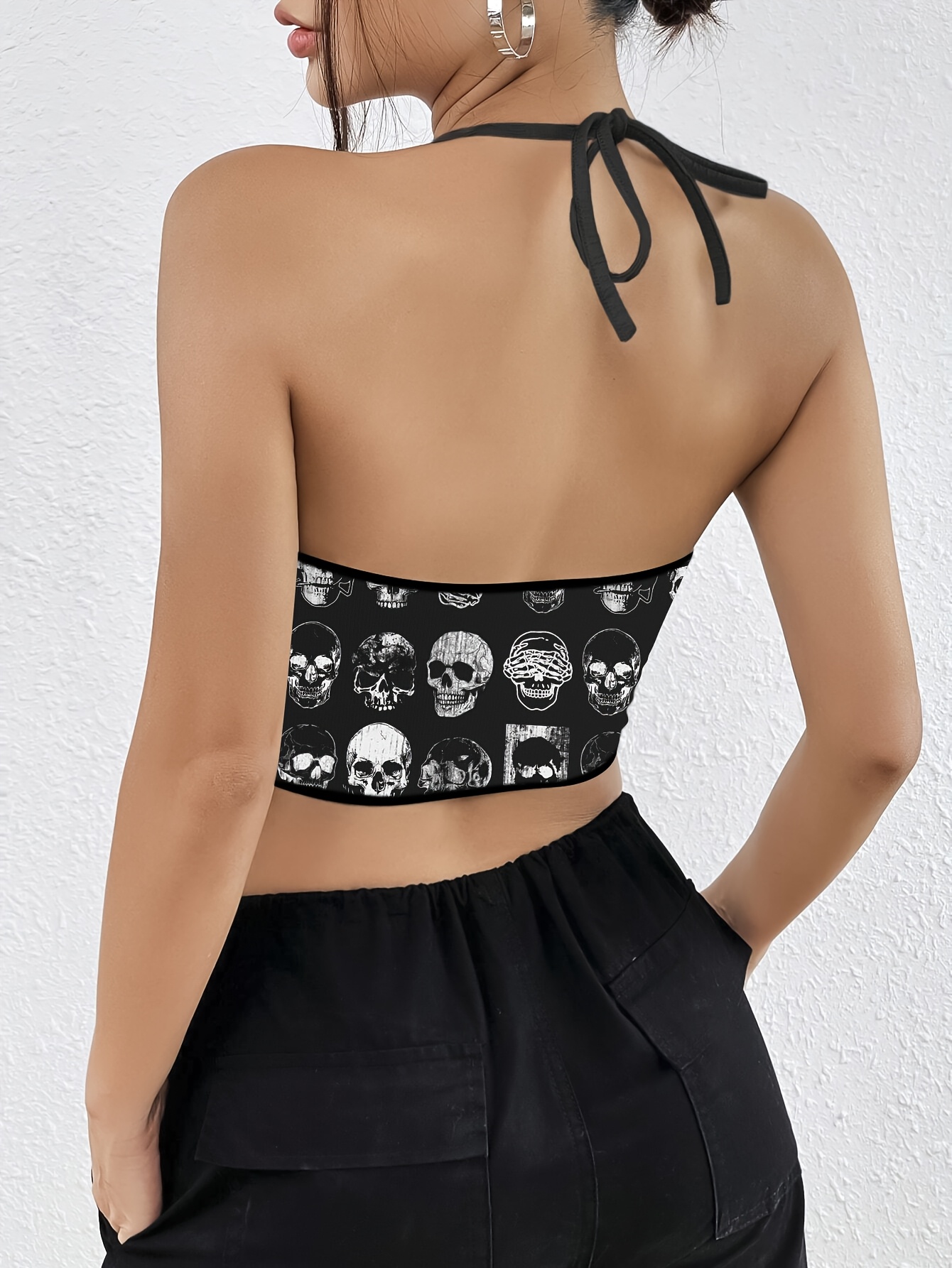y2k gothic skeleton print backless crop top black white - Temu