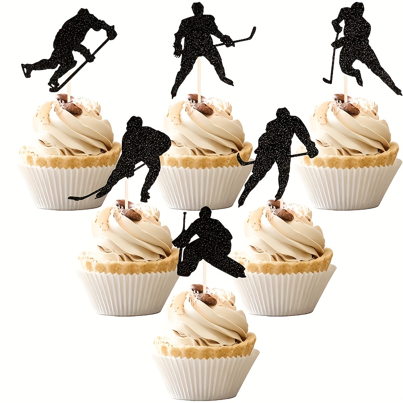 Image of 24pcs Ice Hockey Cupcake Toppers Black Glitter Hockey Players Cupcake Picks Sports Theme Baby Shower Birthday Party Cake Decorations Supplies