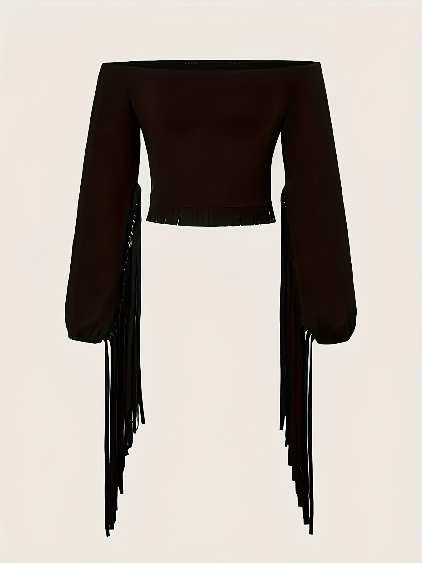 Women's Retro Western Off-Shoulder Long Sleeve Top with Fringe Details - Stretchy Solid Color Shirt for Casual & Themed Events, Machine Washable, Cowboy Attire, Offshoulder Design, Highelasticity Fabric