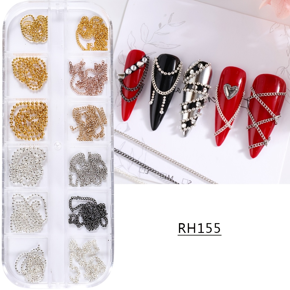 TEMU Lot de 12 Chaînes à Maillons pour Nail Art en Métal , Breloques Chaînettes Dorées, Argentées et Rose Or, Décorations 3D pour Nail Art,