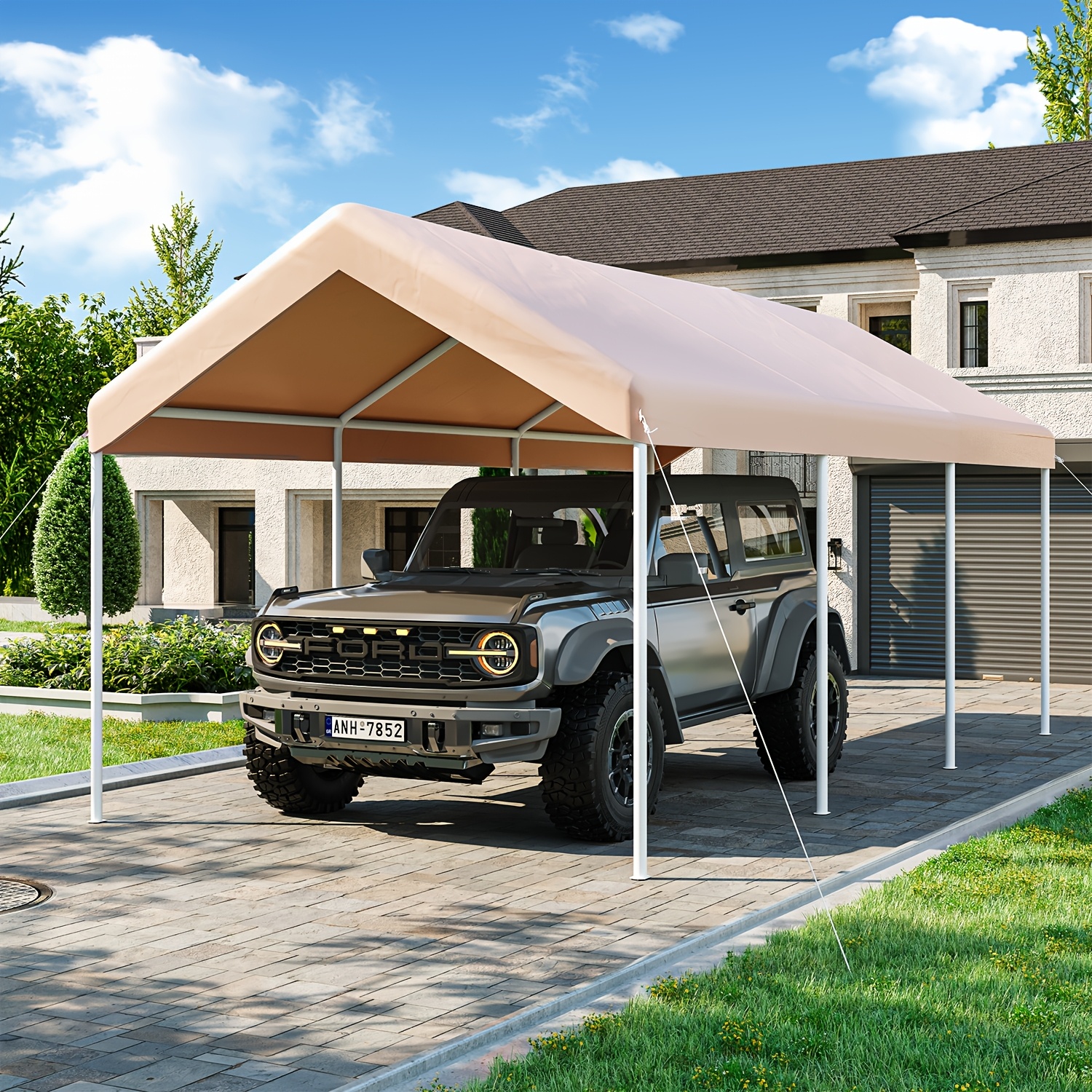 heavy duty carport canopy measuring 3   05 meters a portable garage tent for outdoor use designed for vehicle boat and equipment storage   in grey and beige