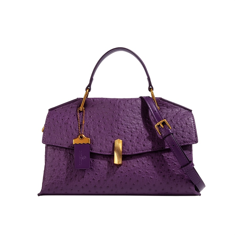Image of Elegant Purple Ostrich Pattern Handbag For Wo - Luxury Handbag With Golden-tone Hardware, Detachable Shoulder Strap & Option, Perfect For Commuting Or Everyday Use