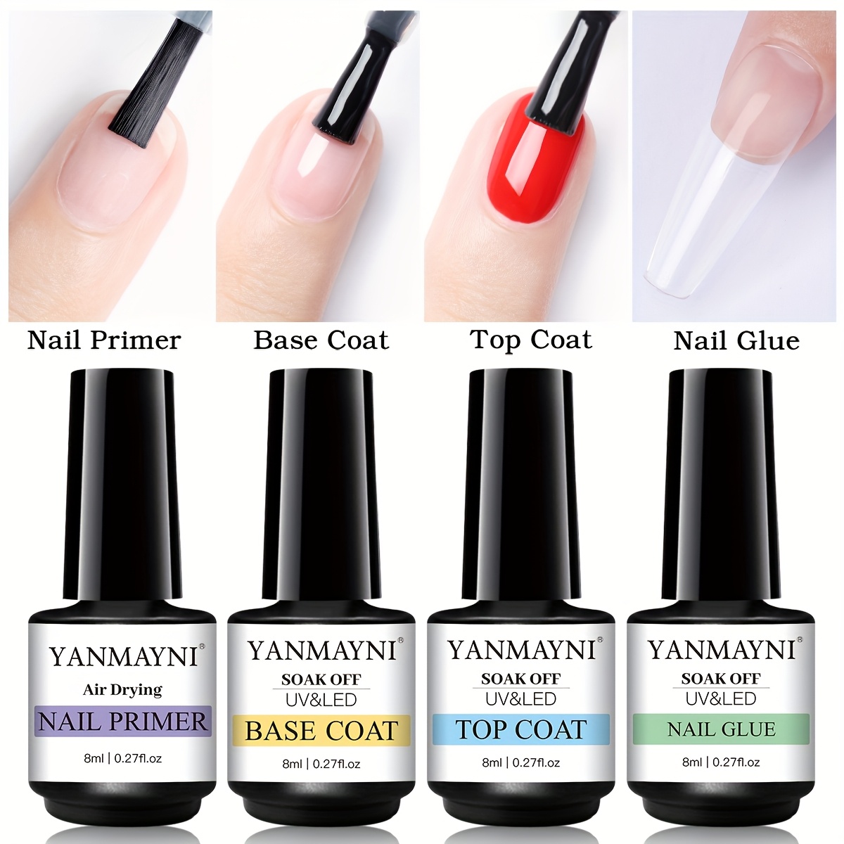 Yanmayni 8ml 4pcs Gel Nail Primer Base Coat And Nail Set, No Wipe Foundation Combination For Light Curing Nail Polish
