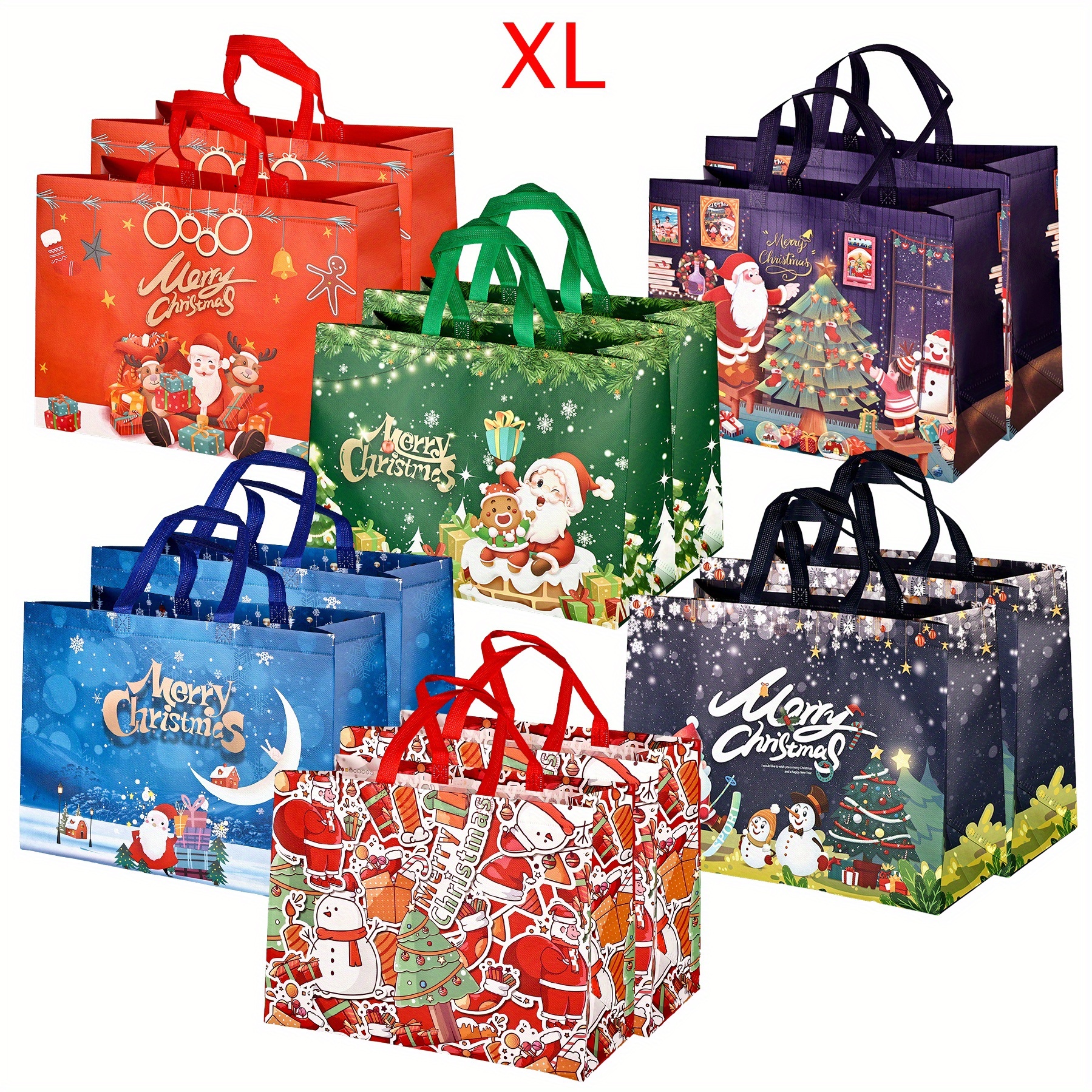 12-piece Extra Large Christmas Tote Bags, Reusable Christmas Gift Bags For Women, Holiday Christmas Grocery Shopping Tote Bags And Empty Gift Baskets, Non-woven Christmas Party Decorations, 17" X 12.8