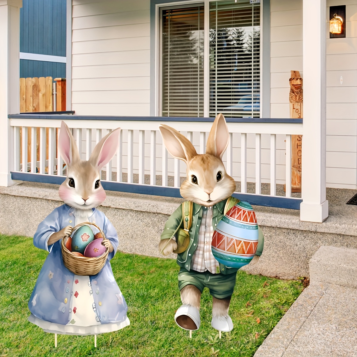 

2pcs Easter Bunny Yard Signs With Stakes - Plastic Outdoor Lawn Decorations, Egg Basket Design, Display, Easter Yard Decor|vibrant Lawn Art|outdoor Use Decor