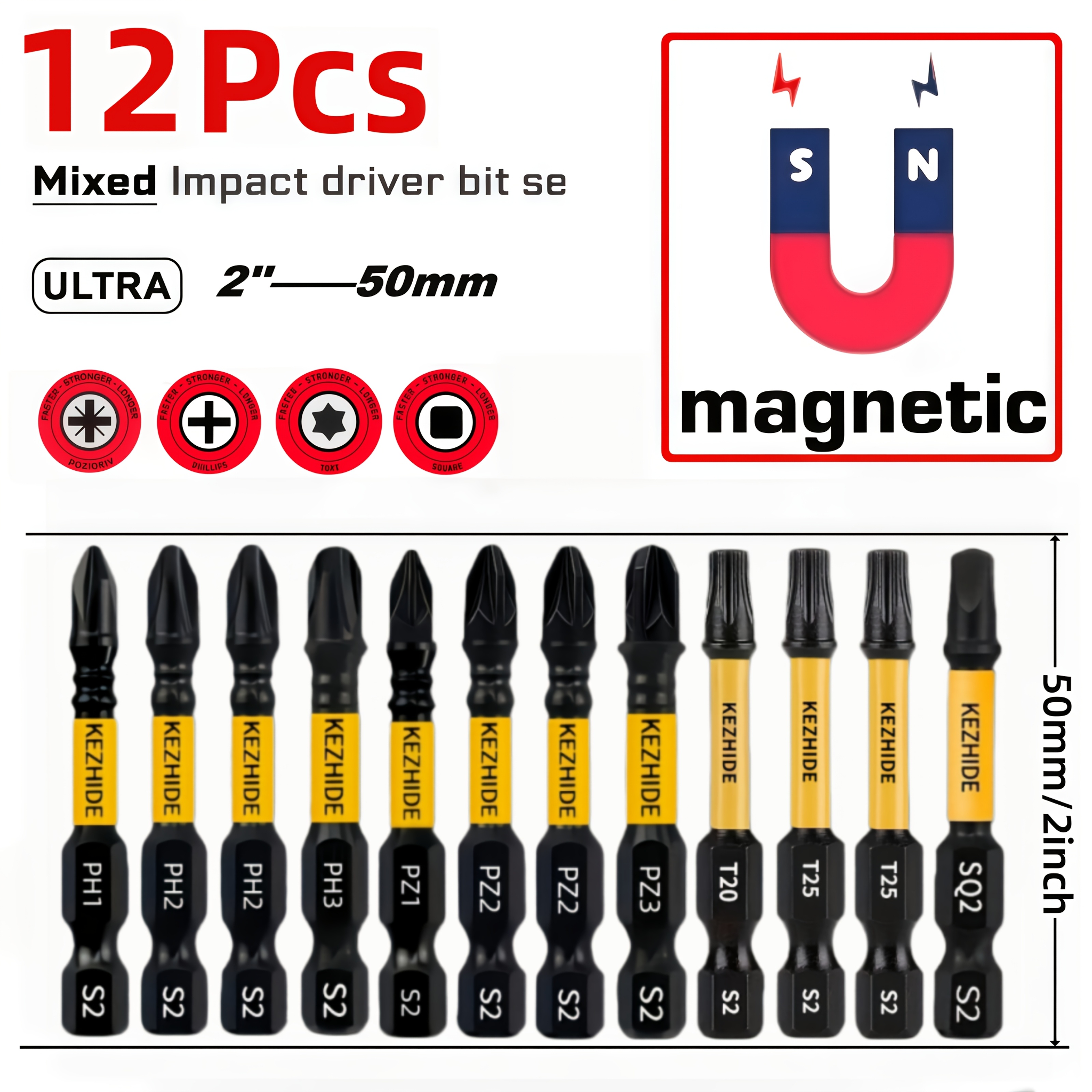 TEMU 12pcs 50mm S2 Steel Strong Magnetic Impact Screwdriver Bit Set, Cross/phillips/torx/square, 1/4-inch Hex Shank, For Electric Drills And Electric