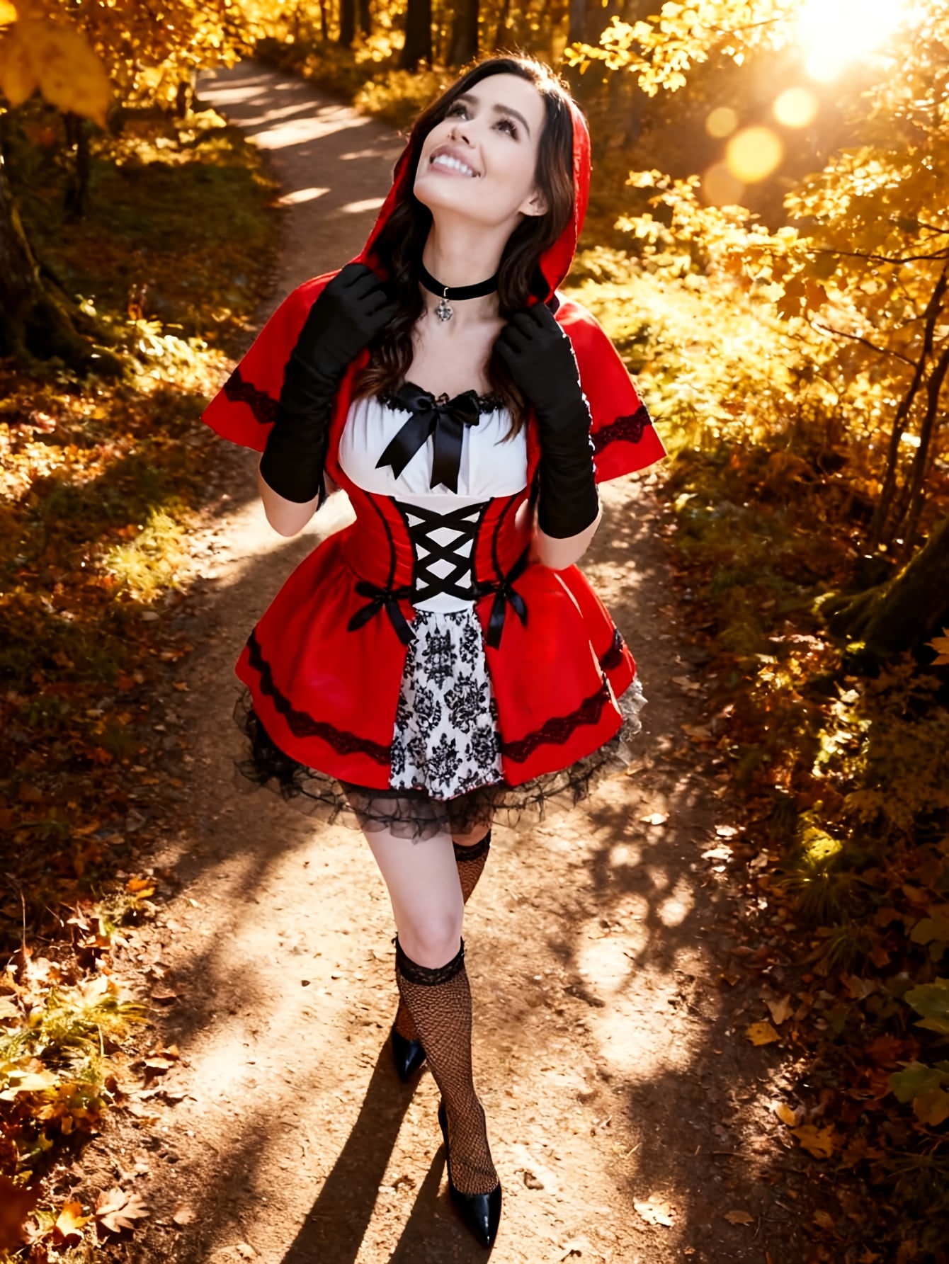 black dress red cape costume Retro Red Cape Coat + Black Ruffle Fake Two-Piece Dress – Belchic main image 1