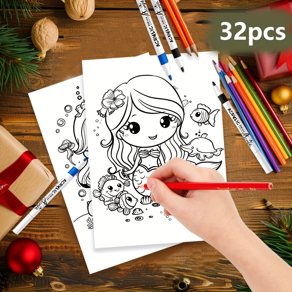 

32pcs Mermaid Drawing Coloring Cards, 3.9x5.5inch Artistic Coloring Pages, Diy Craft Cards For Birthday, Back To School, New Year, Valentine's, Thanksgiving Gifts - Tlenpo