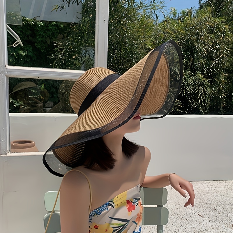Wide Brim Sun Hat Mesh Edge Straw Hat Summer Uv Protection - Temu