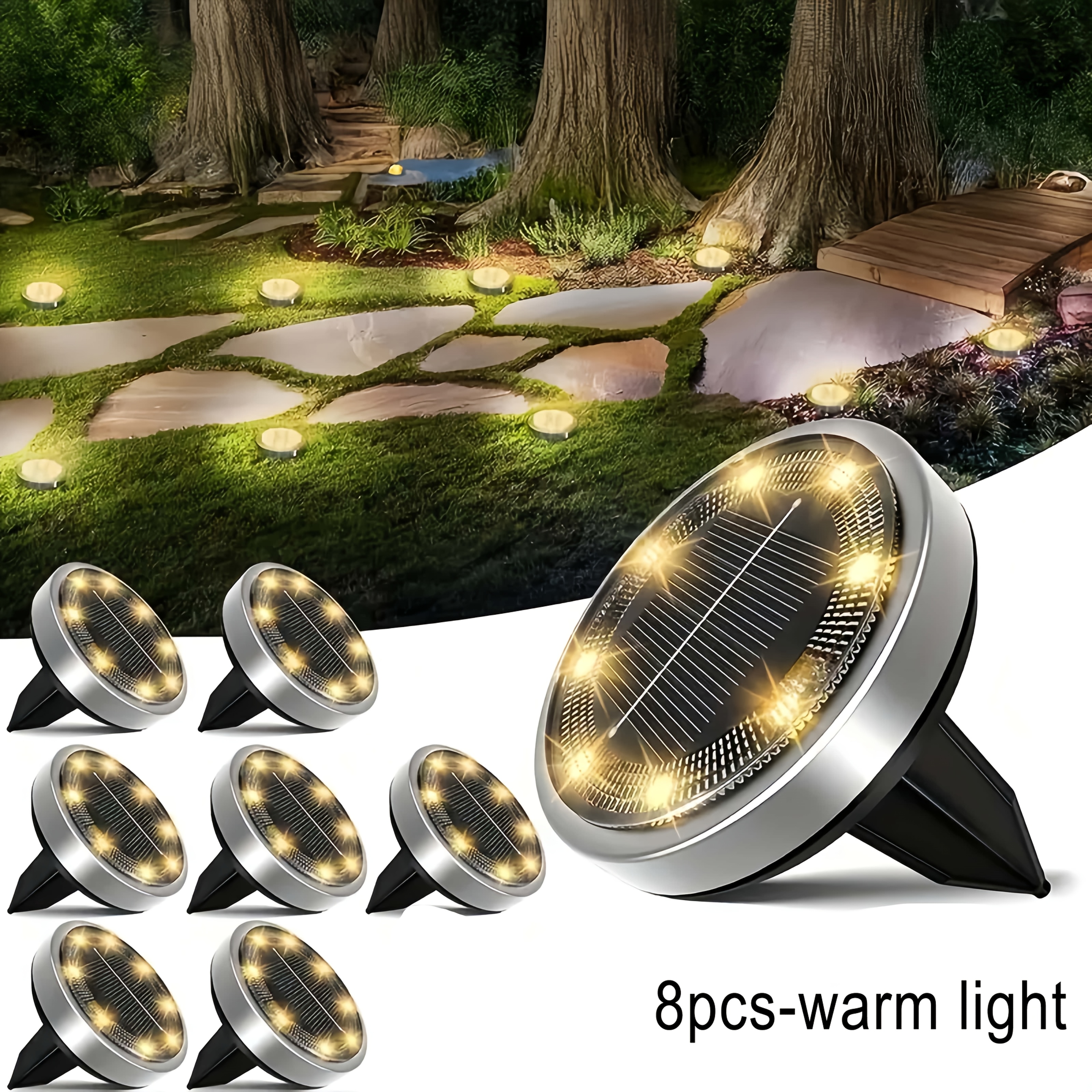 4/8-pcs Solar Ground Lights, Brightness And Durability, Suitable For Lawn, Park And Poolside Installations. Ip44-rated, Aesthetically And Practical, Warm White Light