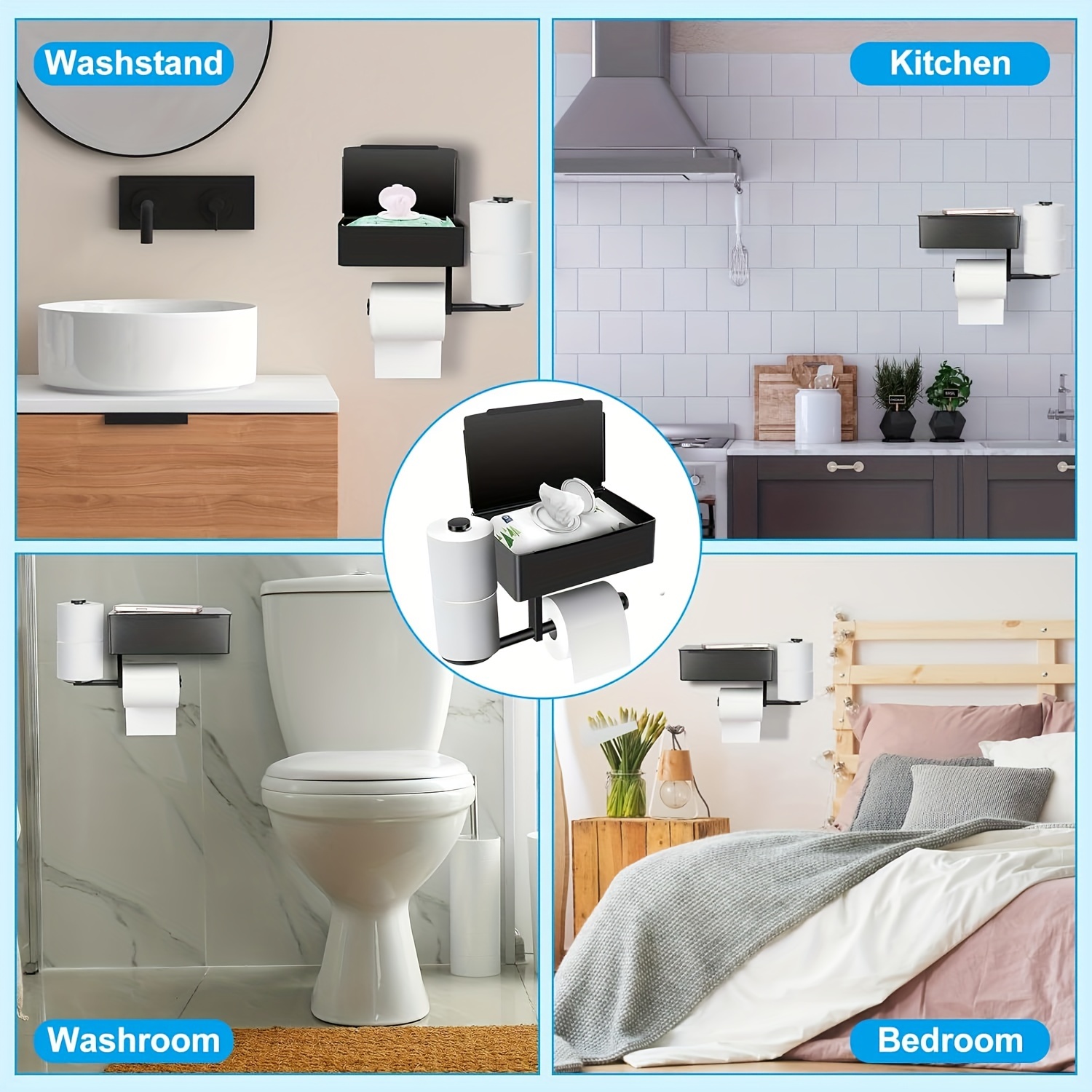 Stainless Steel Toilet Paper Holder with Shelf - Self-Adhesive Wall Mounted Tissue Roll Dispenser with Storage, Anti-Rust Painted Finish for Bathroom/Washroom - Black