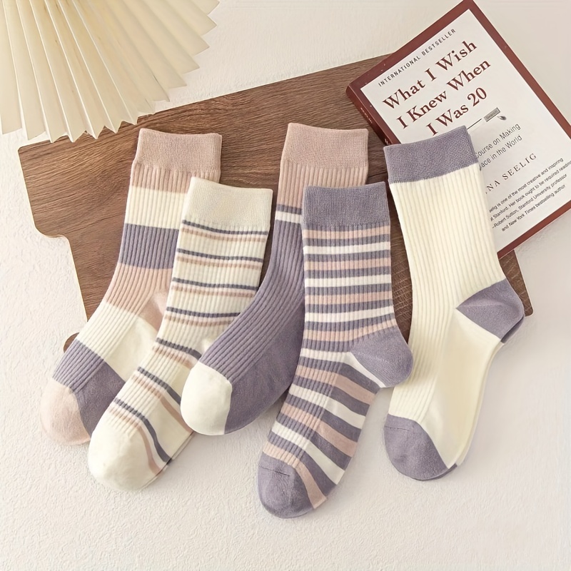 

5 Pairs Striped Crew Socks, Vintage Style Thick Simple Mid Tube Socks For Fall & Winter, Women's Stockings & Hosiery