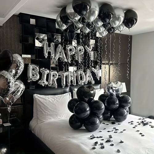 44pcs birthday balloon set 16inch silvery alphabet balloons 18inch black silvery heart balloons suitable for birthday party decoration halloween decorations christmas decorations