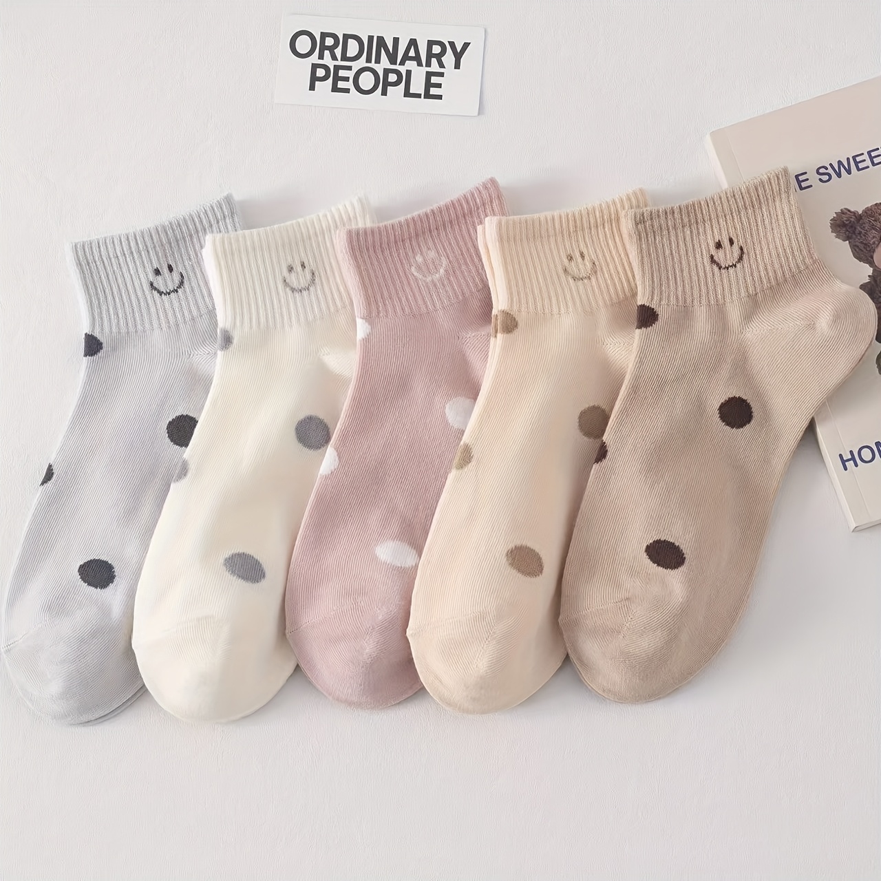 Image of 5 Pairs Of Cute Cartoon Polka Dot Breathable Socks - Sweet Short Tube Socks For Spring/summer, Versatile And Stylish