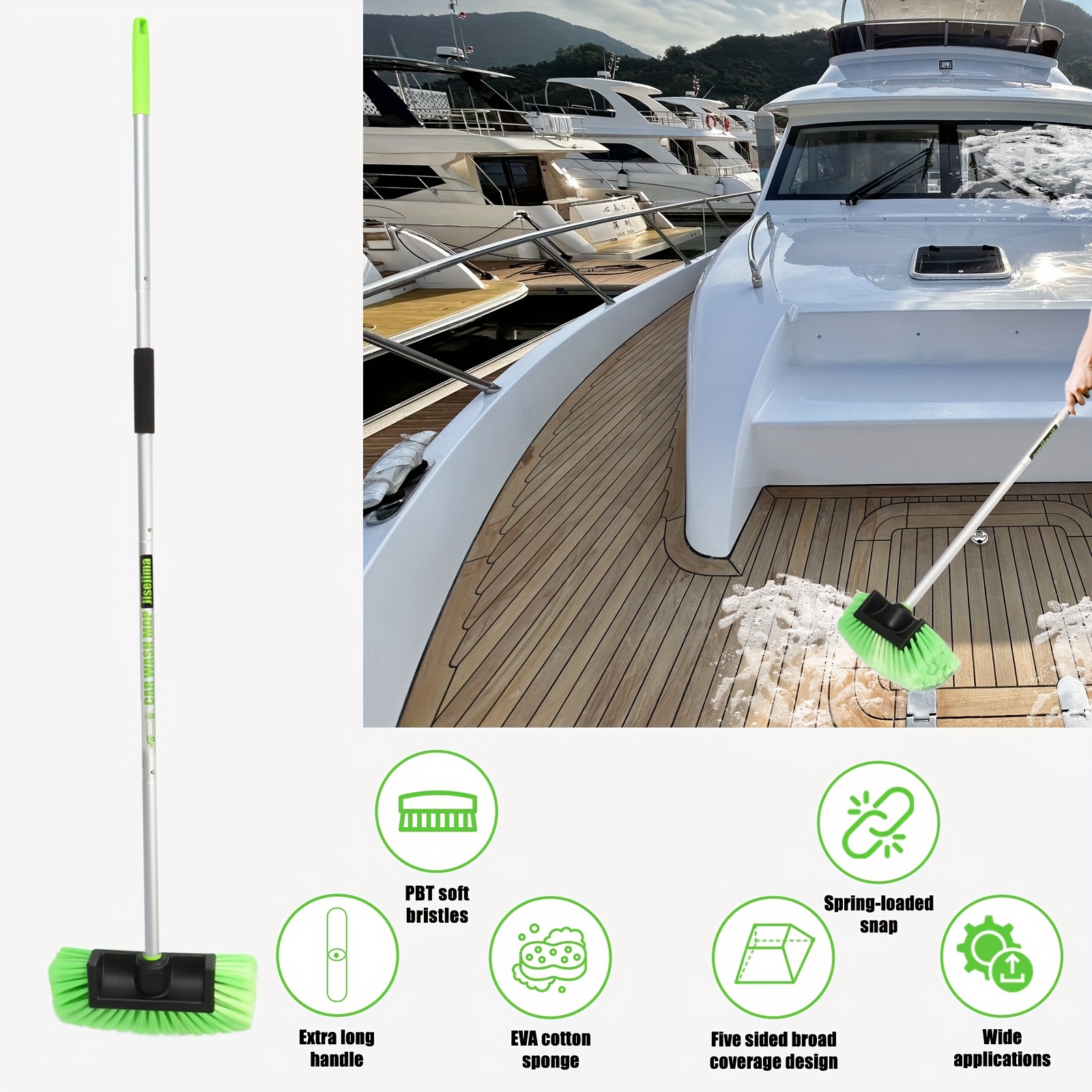 

Long-handle Cleaning Brush - Soft , Adjustable Length, Ideal For Boats, Cars, Floors & Glass - Grass Green