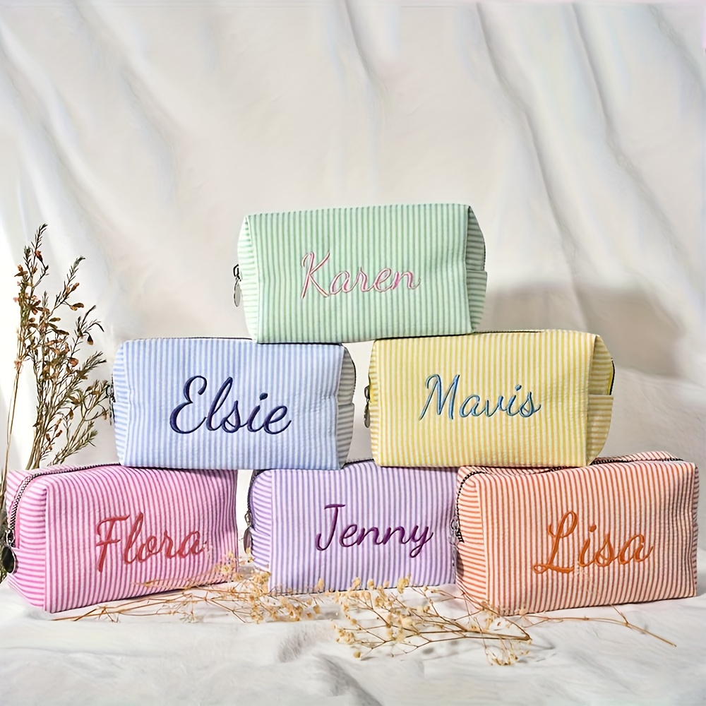 name customization striped travel toiletry bag zippered makeup bag personalized name embroidery portable polyester cosmetic organizer suitable for travel school   or home use