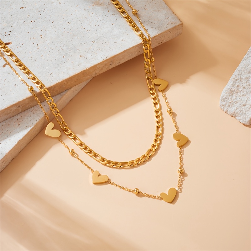 TEMU Fashionable And Elegant Multi-layered Golden Stainless Steel Necklace With Creative Luxury Niche And Versatile Heart Pendant Suitable For Women