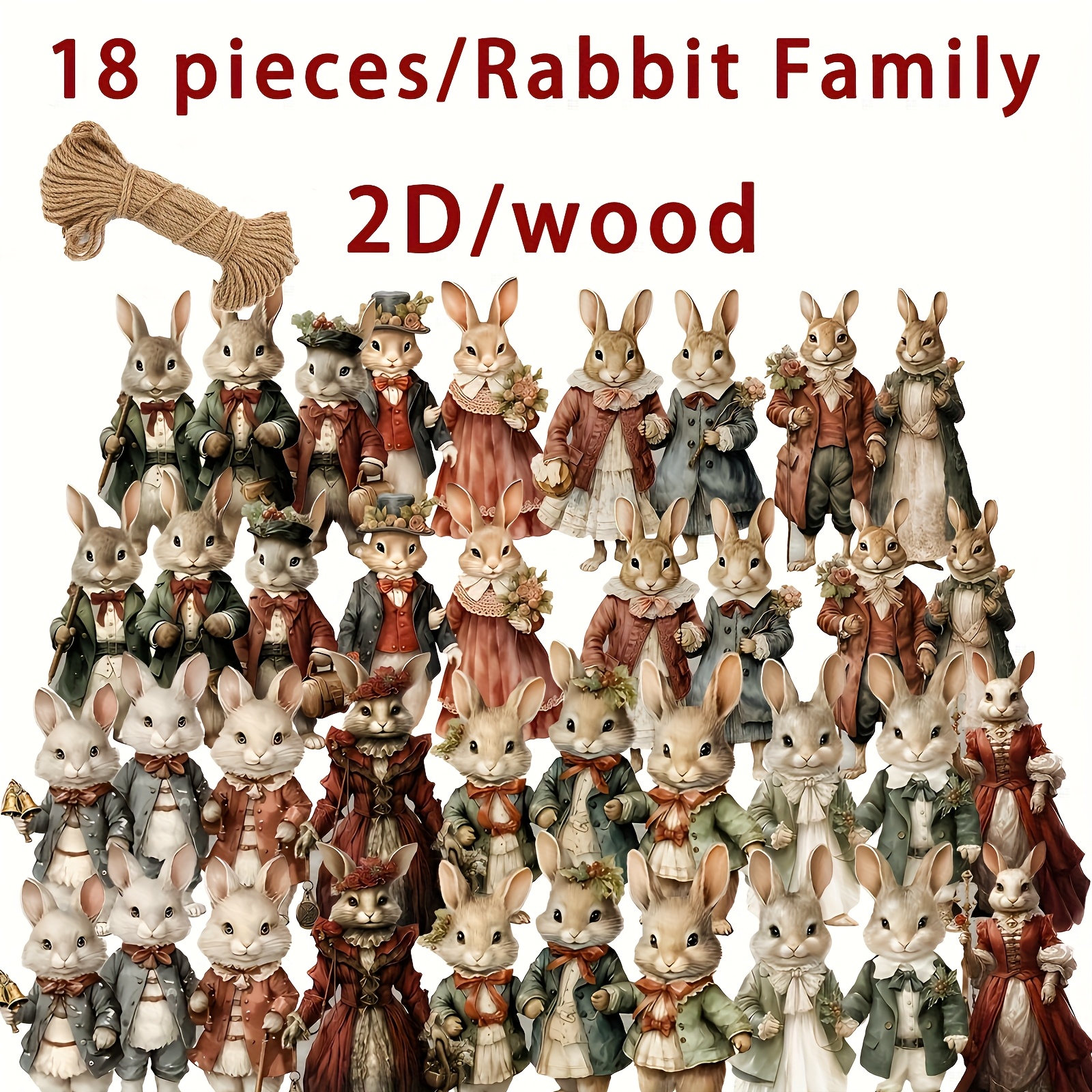 

18pcs Vintage Wooden Ornaments Set, Easter Bunny Hanging Decorations, Elegant Couple & Cute , Farmhouse Decor For Easter Party Supplies, Ideal For Garden, Hallway, Window, Perfect Easter Gift