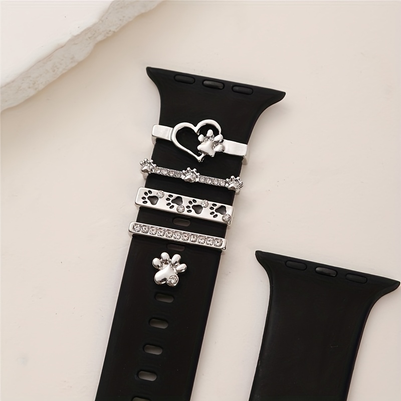 Image of 5pcs Heart-shaped Charm Rings | Alloy Dog Paw Studs For Men And Women, Compatible With Iwatch Bands 38mm-45mm, Cute And Versatile Watch Band Decorations