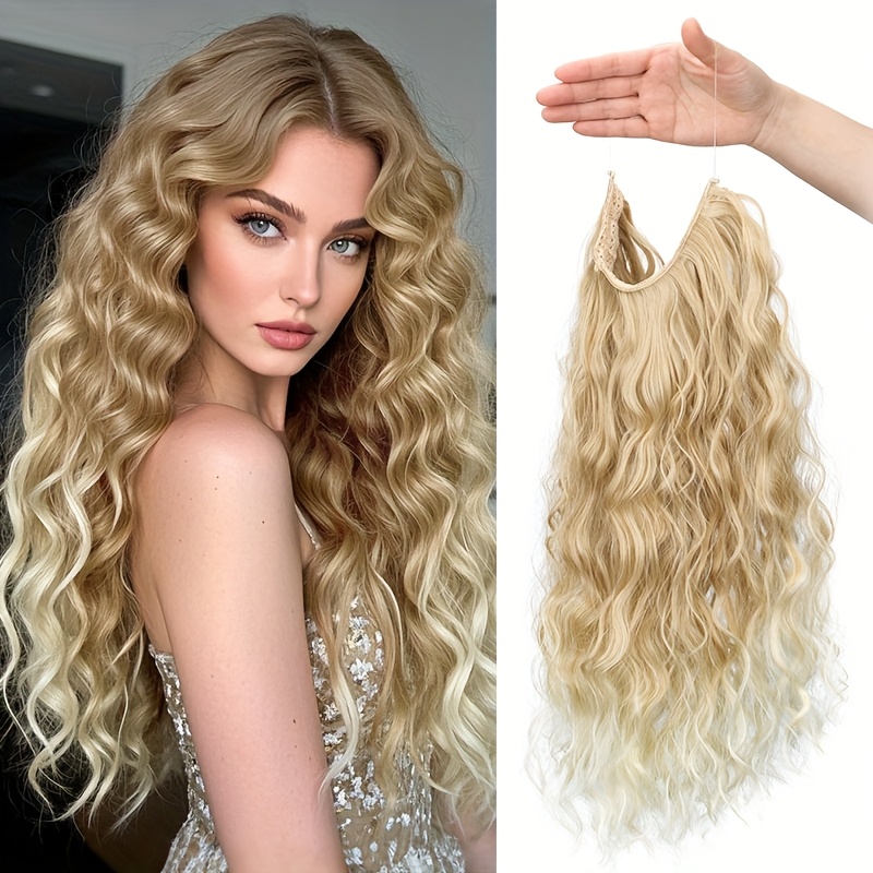 Image of Long Synthetic Fishing Line Hair Extensions Elegant Water Wave Curly Styles For Women Lightweight Fluffy-looking Hairpiece