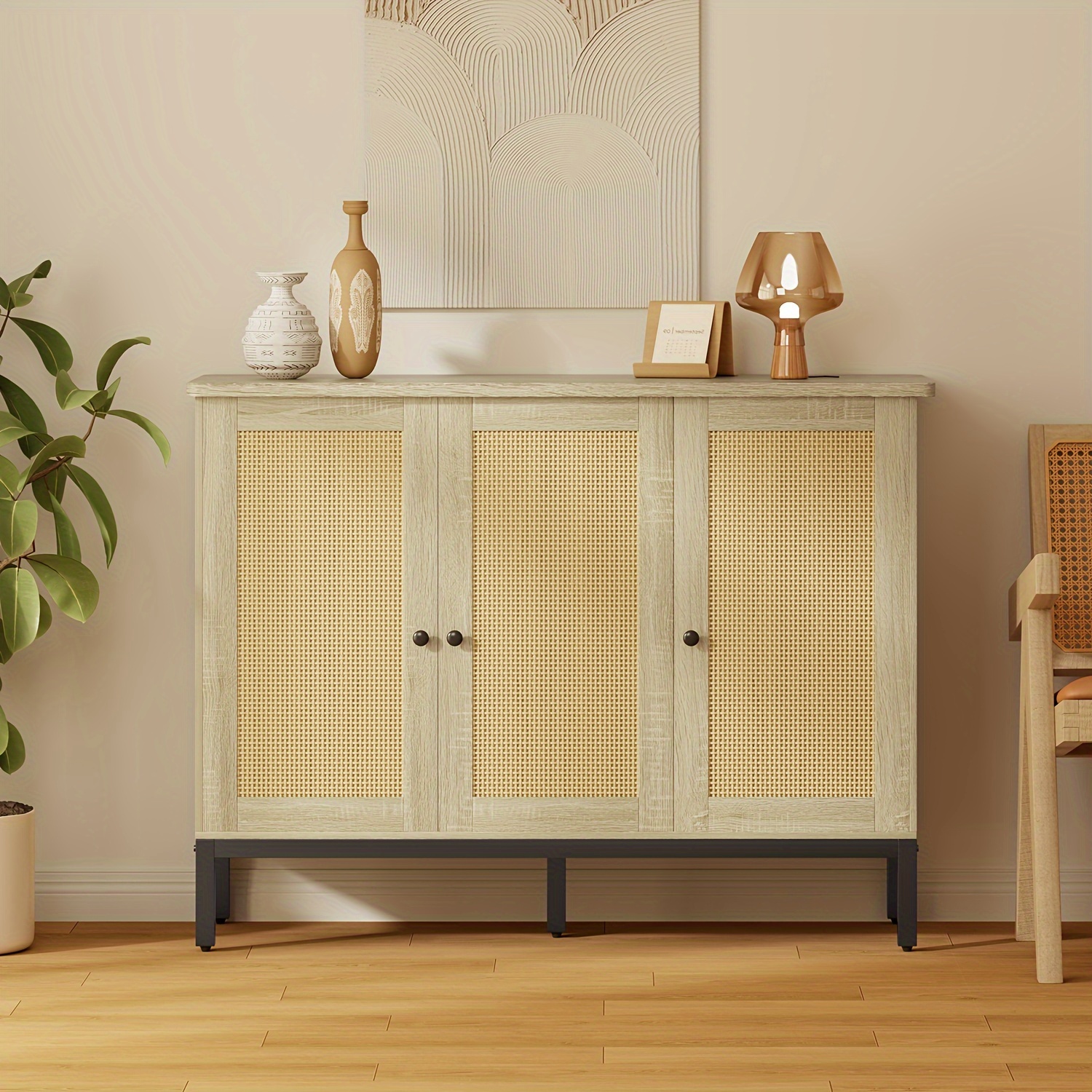 

Rattan Sideboard Buffet, Kitchen Storage Cabinet With 3 Doors Accent Cabinet, Dining Room, Hallway, Cupboard Console Table, Natural