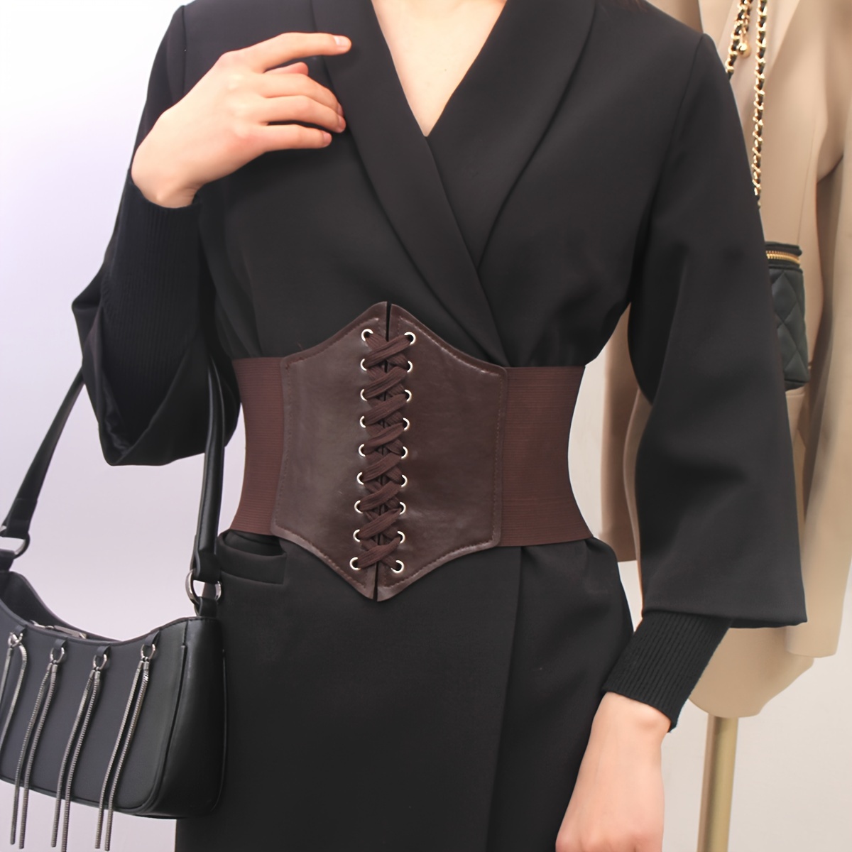 

Classic Lace Up Wide Belts Simple Casual Black Pu Corset Belt Adjustable Waspie Waistband Vintage Dress Girdle For Women