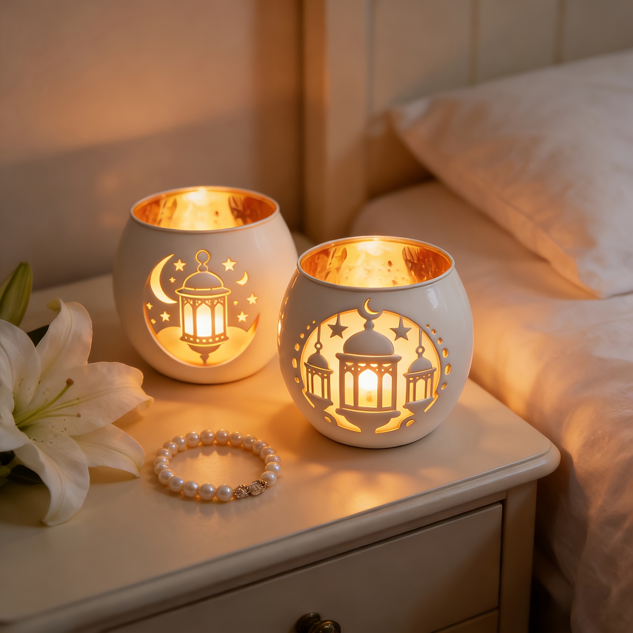 2pcs Ramadan & Star Lantern White Glass Candle Holders | Eid al-Fitr Islamic Muslim Decor, Sacred Space Meditation Ornament, Spiritual Gift & Home Ambience Essential for Ramadan Celebrations