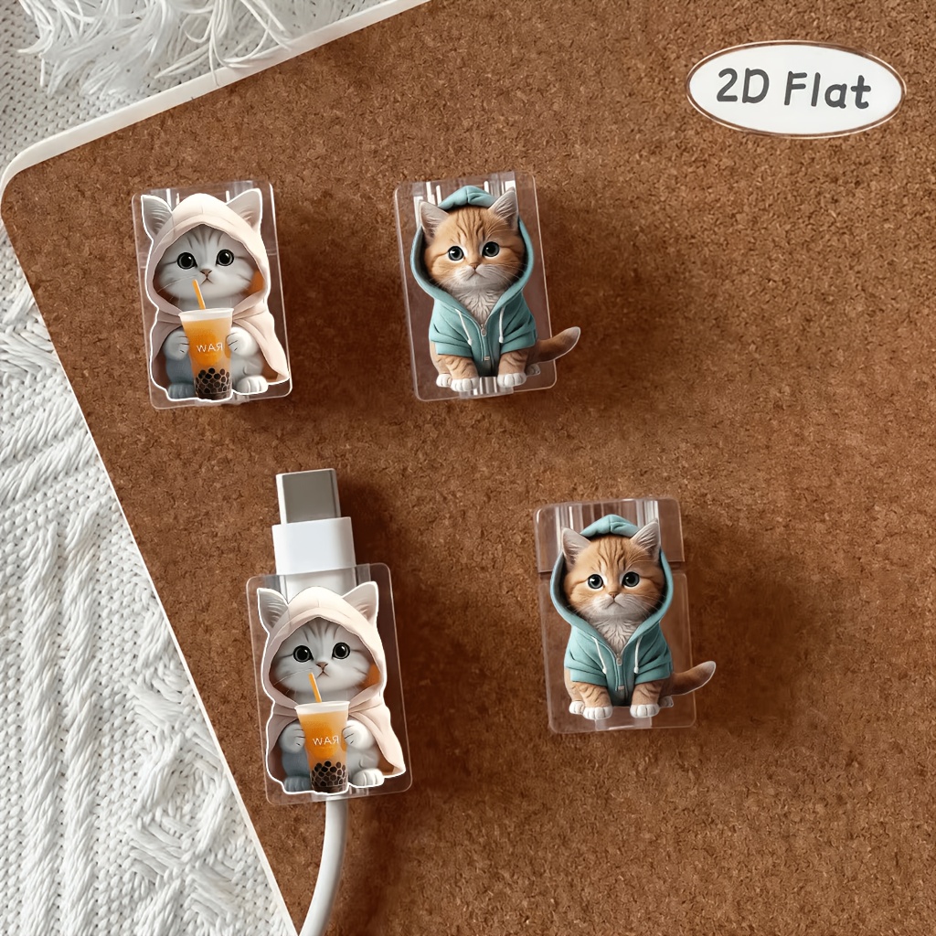 TEMU 2d Flat 4pcs Cute Hooded Sweater, Cartoon Milk Tea Kitten Picture Data Cable Protective Cover, Breakage-proof, Type- Phone Data Cable Protector,