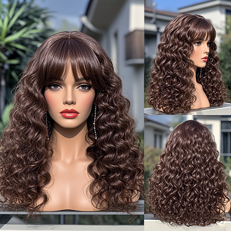 TEMU Women's Elegant Brown Water Wave Wig With Bangs - Heat Resistant Up To 356°f, Curly Hair For Everyday & , Natural Look, Suitable For All Light Beige Tones & Hairstyles, Versatile Hairpiece