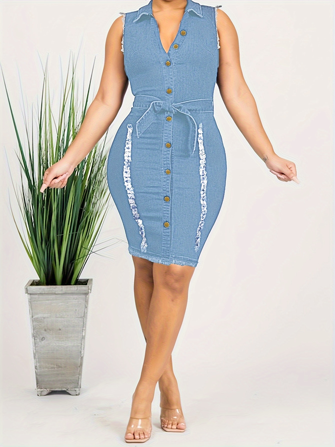 fashion women with chest, waist, zipper and slit tight wrap hip denim dress  | Today's Deals | Temu