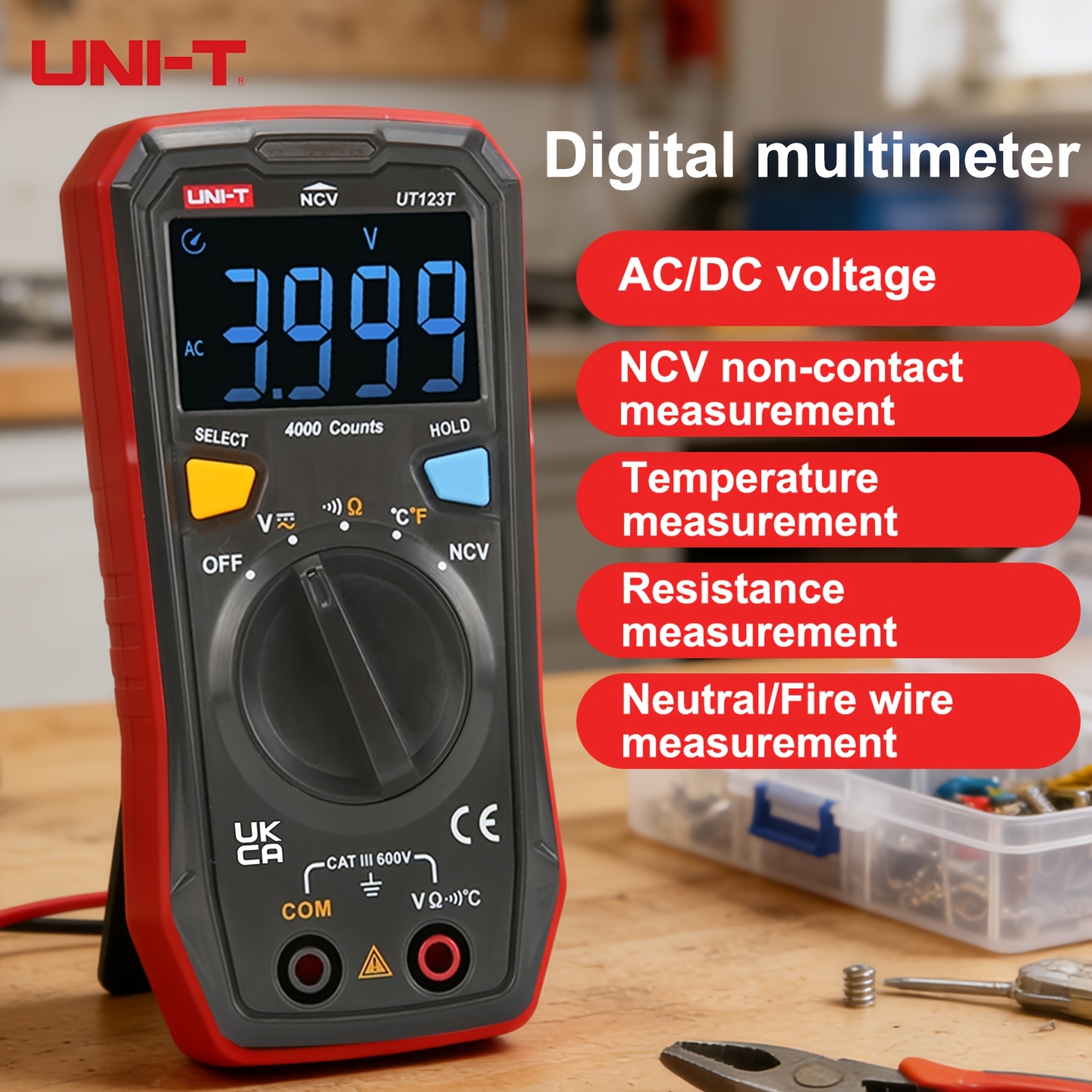 TEMU Multímetro digital UNI-T de precisión con automático, multímetro digital multifunción de bolsillo para el hogar, CA/CC 600 V, 4000 cuentas