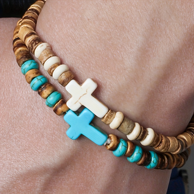 Cross Element Coconut Shell Wooden Beads Bracelet Set