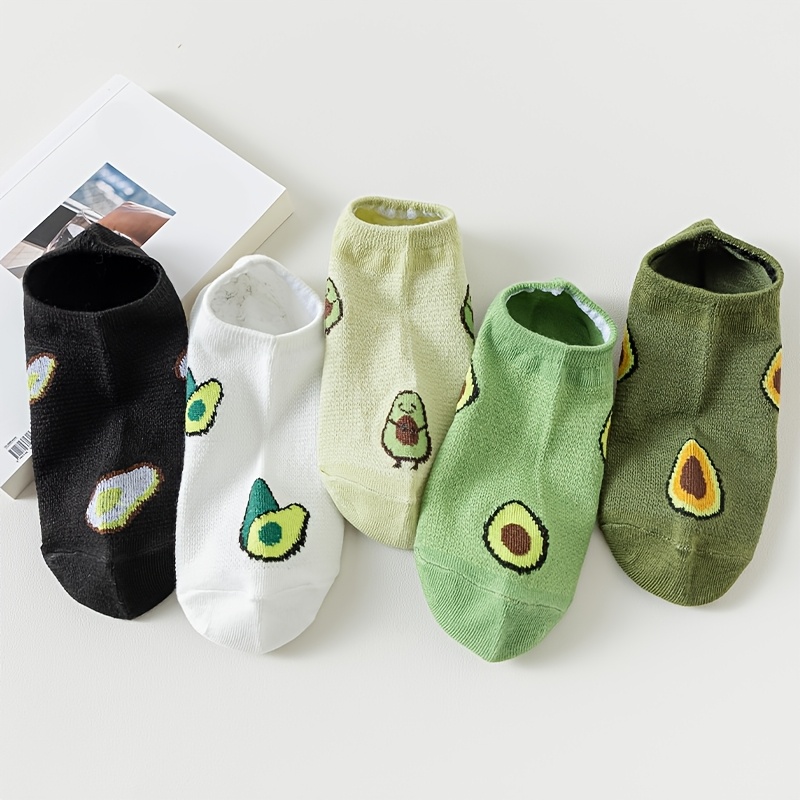 Image of 5 Pairs Of Women's Spring/summer Thin Low-top Boat Socks, Cute Avocado Casual Short Socks