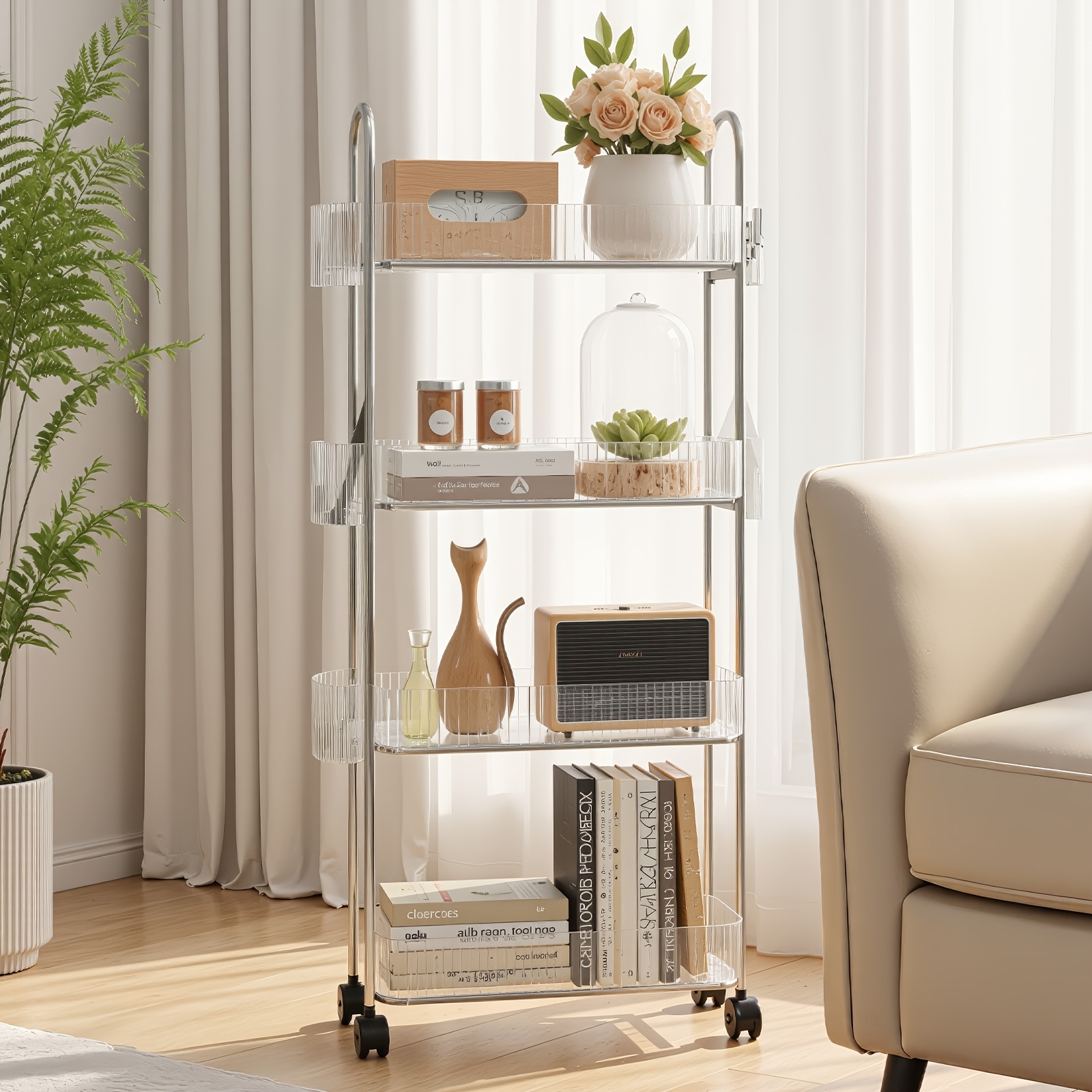 E-shop Transparenter Rollwagen mit Regalen – Schwerlast-Rollregal auf Rädern, werkzeugfreie Montage, platzsparender Rollschrank geeignet für