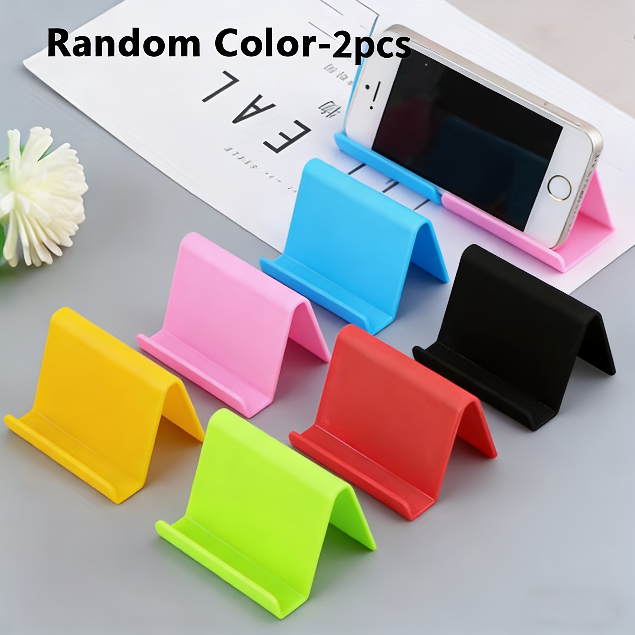 Image of 2pcs Random Color Plastic Phone Stand, Cute Desktop Phone Holder, Compatible With Most Phones And Tablets, Colorful Phone Base For Home And Office Use