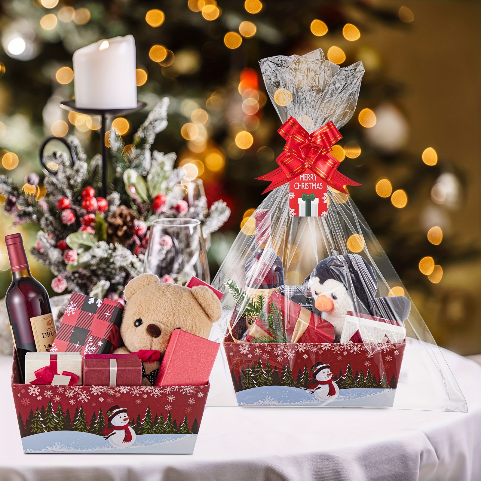 6 Sets (12 Large Baskets) Red Christmas Gift Baskets with Snowman Design & Sturdy Cardboard Construction - Assembly with Handles, Spacious Empty Baskets for Holiday Parties, Xmas Decorations, Gift Wrapping & Storage - Durable Party Supplies for Home