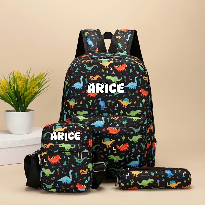TEMU 3pcs Back-to-school Personalized Fashion Casual Backpack Set, Customizable With Names, Text, Or Numbers, Featuring An Dinosaur Print. Includes A