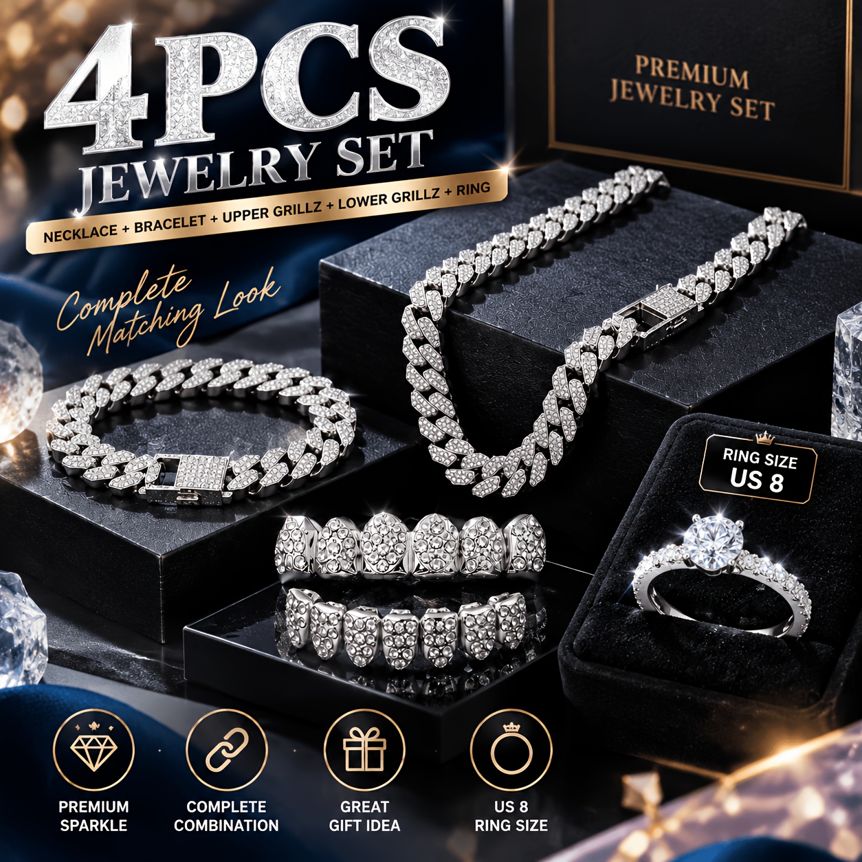 TEMU 4pcs Hip Hop Jewelry Set For Men And Women, Cuban Link Chain Necklace, Bracelet And Size 8 Ring Combo With Stylish Double Row Grillz Teeth
