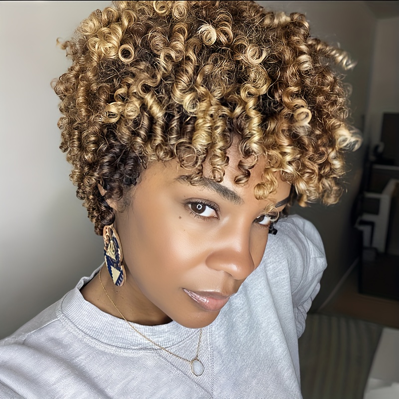TEMU Synthetic Short Wig With Afro Kinky Curls And Bangs, Featuring A Mixed Brown Color, Perfect For Halloween, Christmas Parties, Music Festivals, And Cosplay For Women