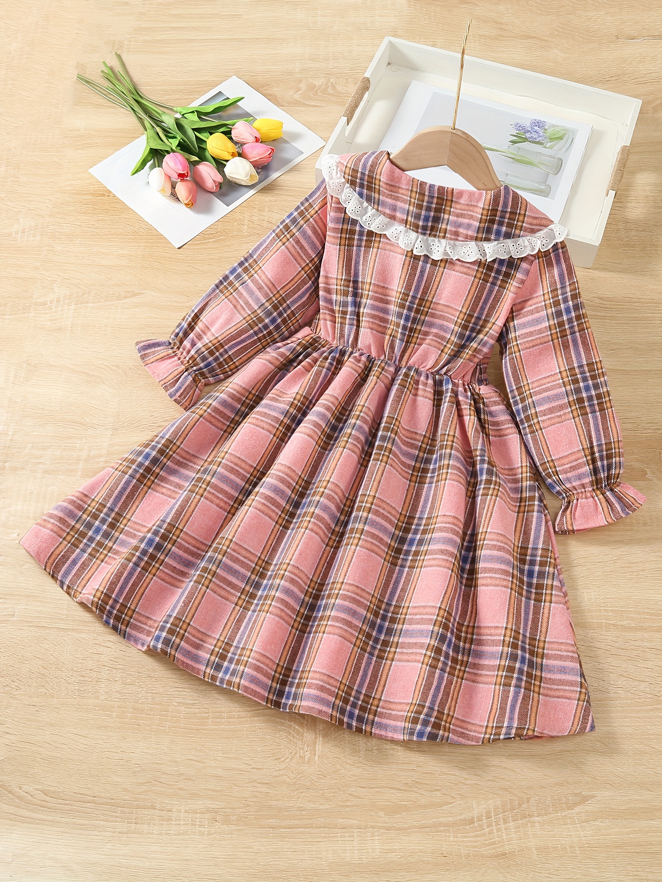 knee length dresses for ladies Name A289 Polagram Plaid Peter Pan Collar Bubble Sleeve Mini Dress MOCHA-TAUPE Medium main image 0
