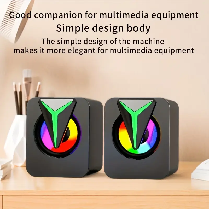1pc saibobokai super powerful hifi mini usb computer speakers with rgb ambient lights dual bass speakers 2 0 surround sound usb powered desktop speakers for pc phone tablet tv car camping stylish gift for home theater audio enthusiasts portable speakers multimedia audio gear durable enthusiasts details 0