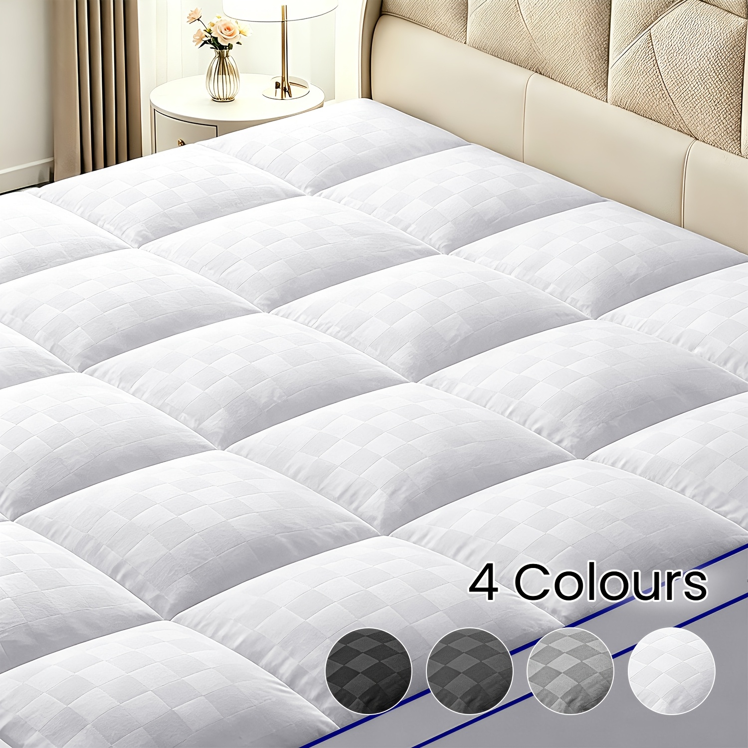 TEMU [Surmatelas 1200GSM] Surmatelas respirant à grille imprimée, Housse de matelas douce, Sommeil , Rembourrage 7D, Poche profonde de 21 pouces,