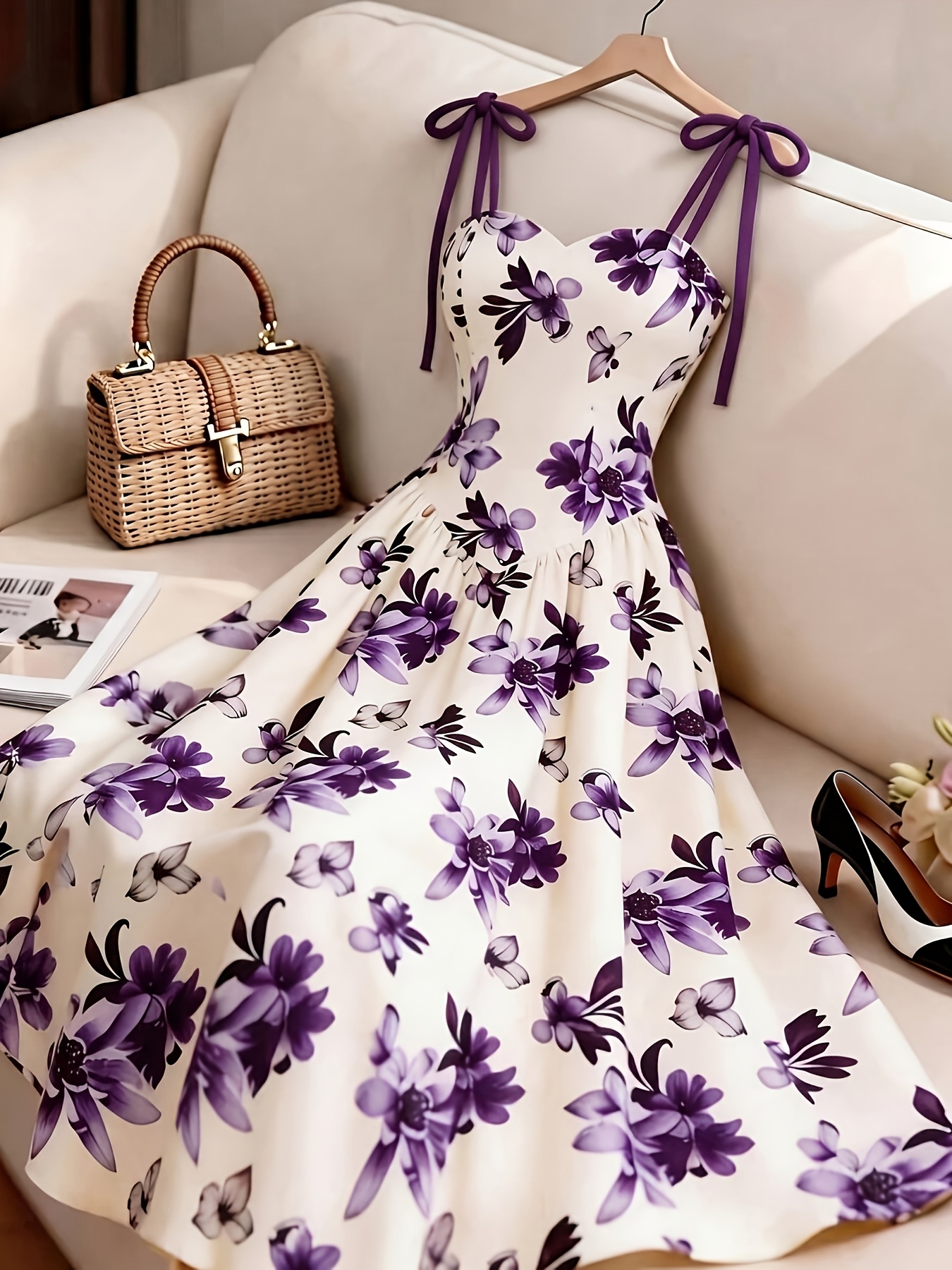 Women Floral Print Thin Strap Waist-Cinching A-Line Maxi Dress, Elegant Bohemian Style, Suitable for Vacation, Daily, Music Festivals, And Dates